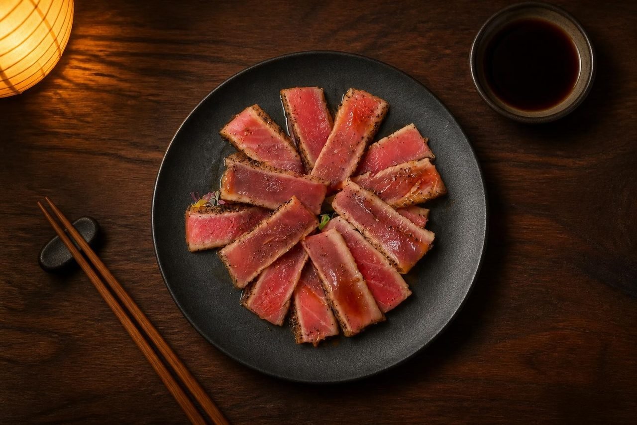 Seared pepper tuna slices
