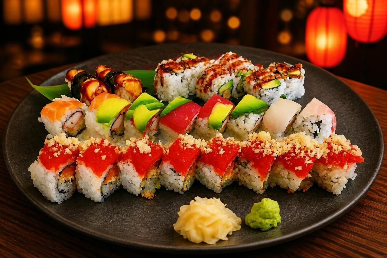 Lantern Sushi's chef rolls on a black stone plate